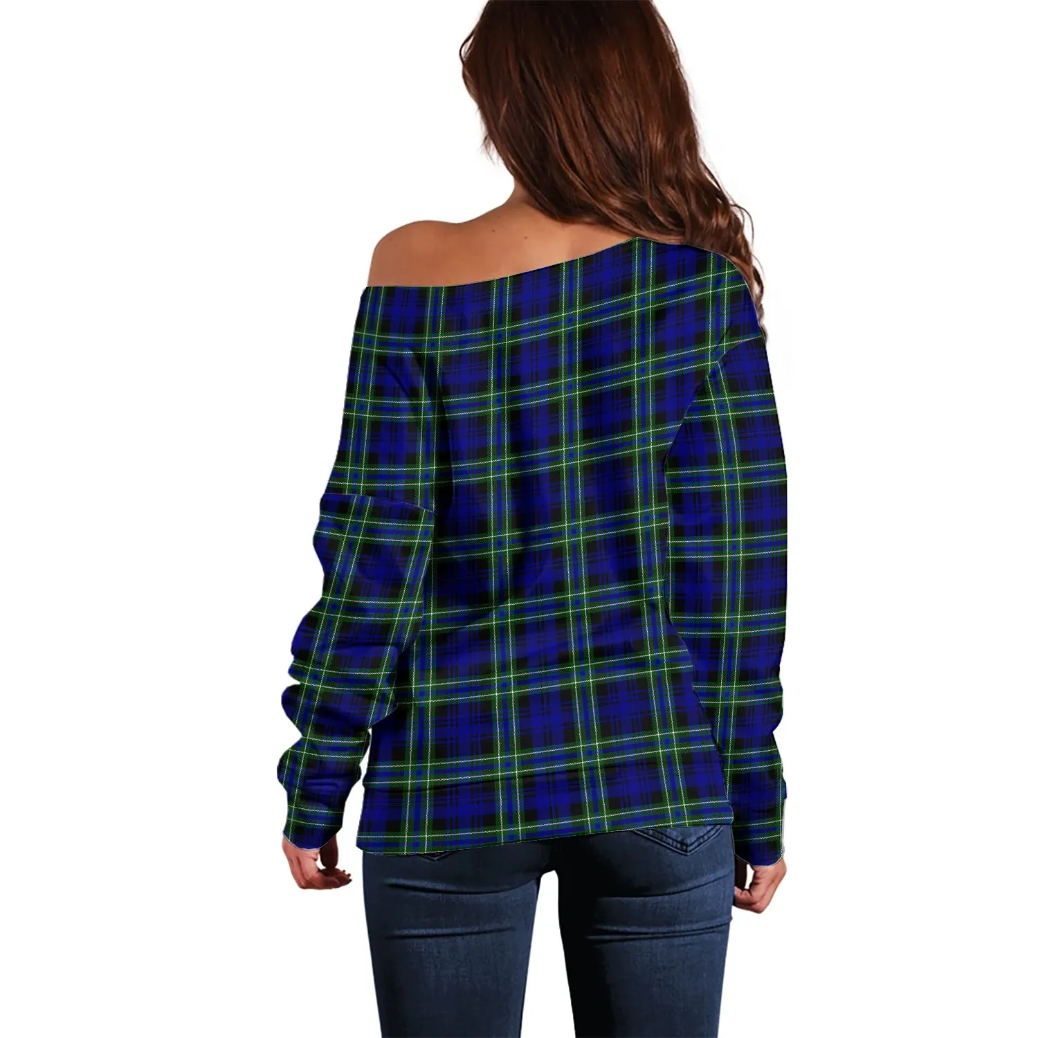 Arbuthnot Modern Tartan Off Shoulder Women Sweater with Family Crest