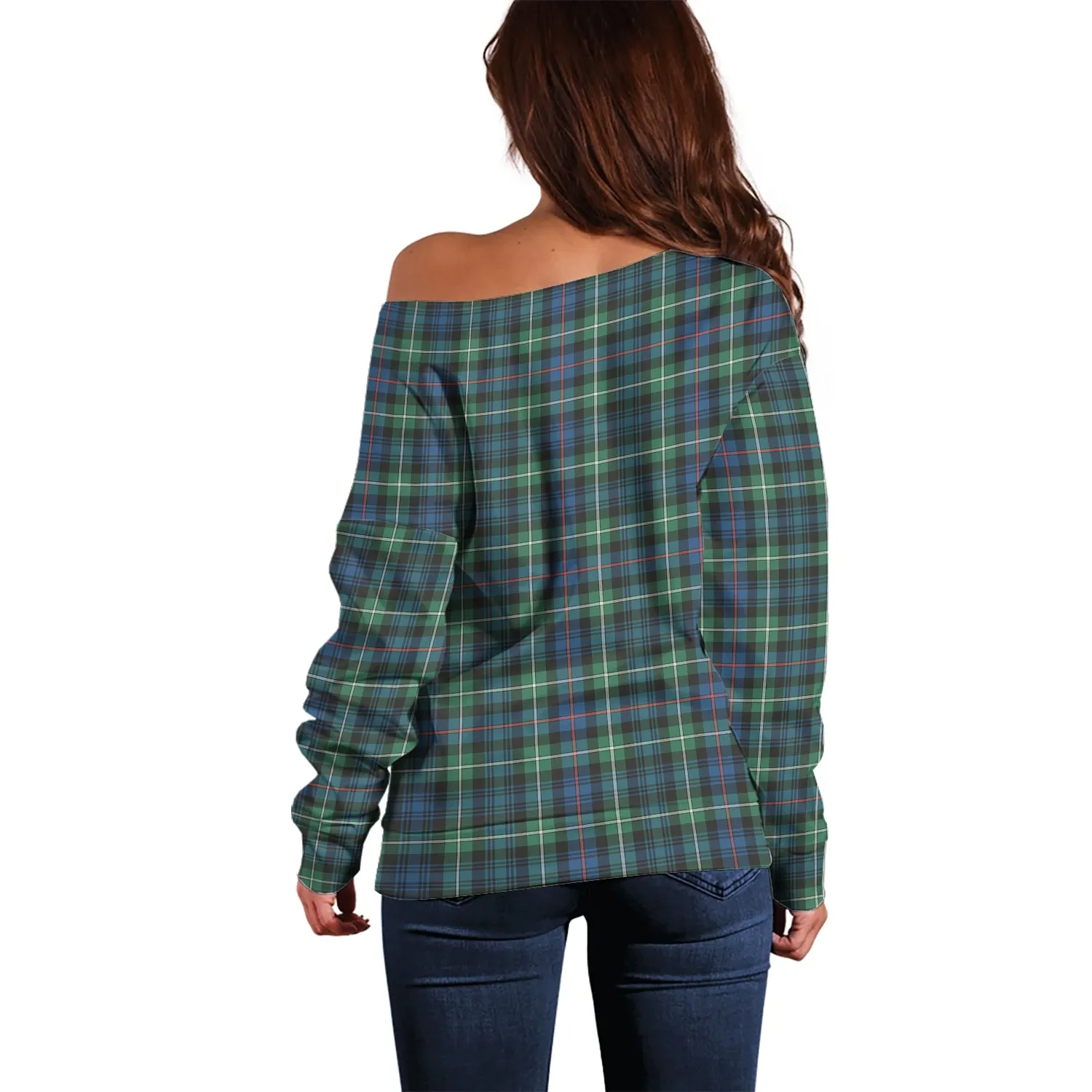 Baillie Ancient Tartan Off Shoulder Women Sweater with Family Crest