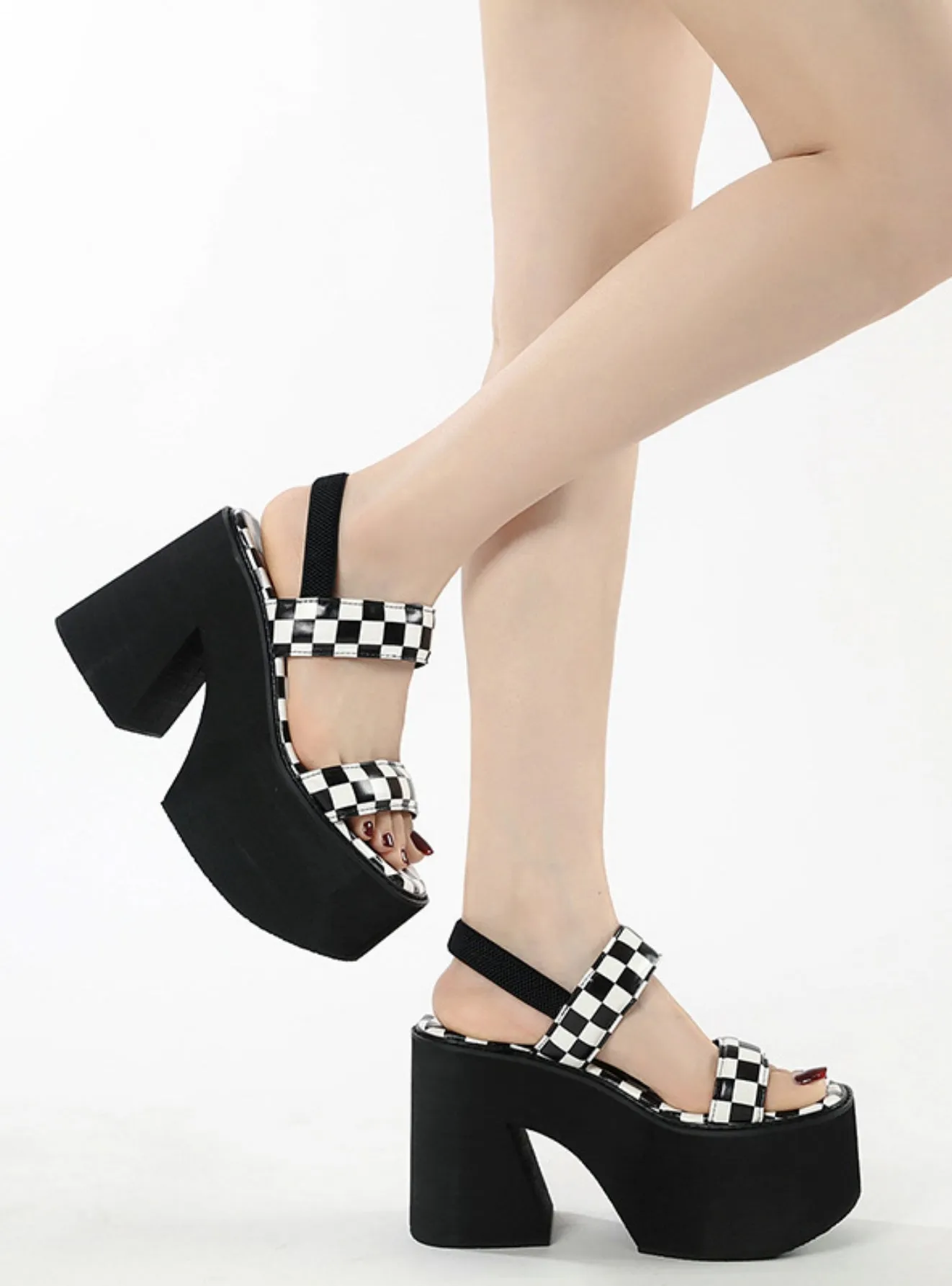 Black and White Plaid Thick Soled Thick Heel Sandals