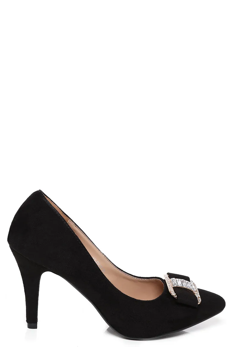 Black Faux Suede Embellished Court Shoes