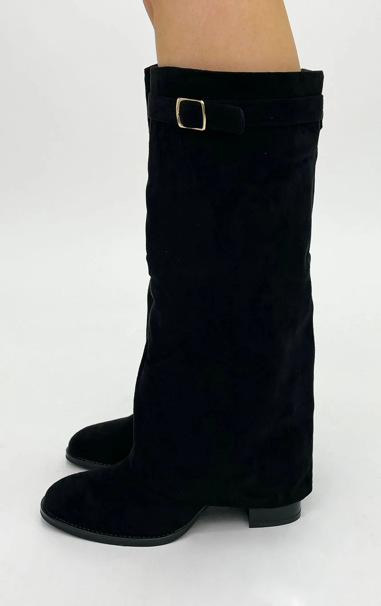 Black Faux Suede Fold Over Shark Boot Round Toe Block Heel Knee High