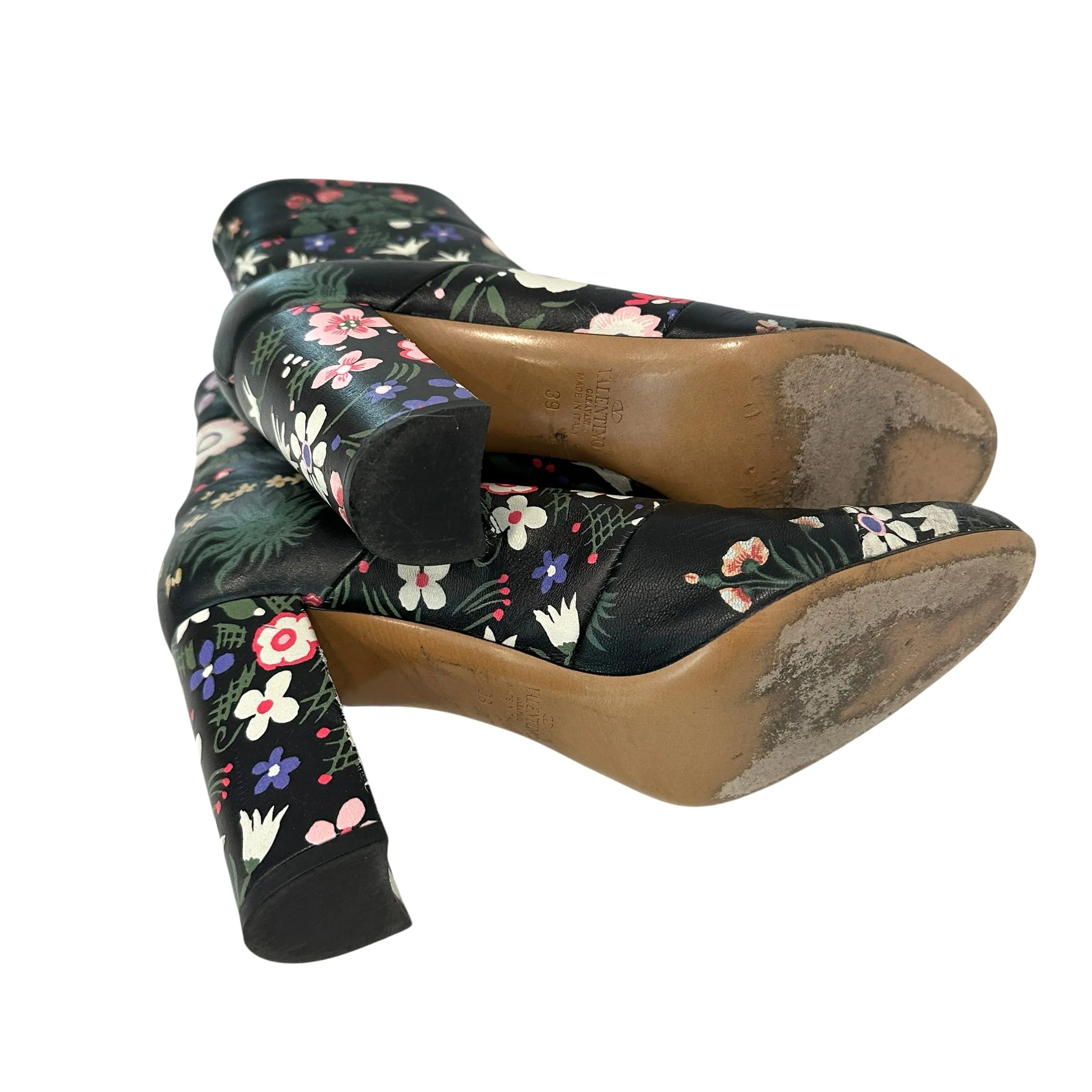 Black Floral Heeled Boots - 9