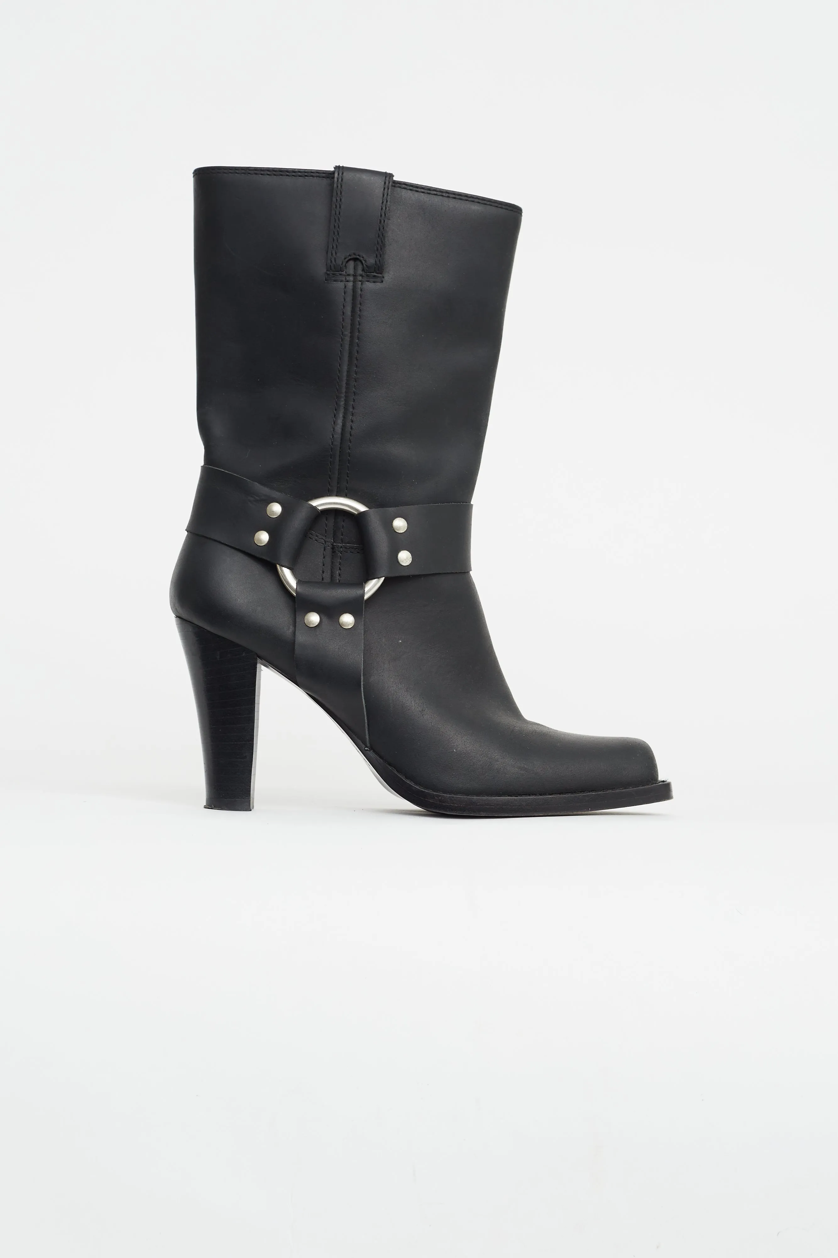 Black Leather Heeled Harness Boot