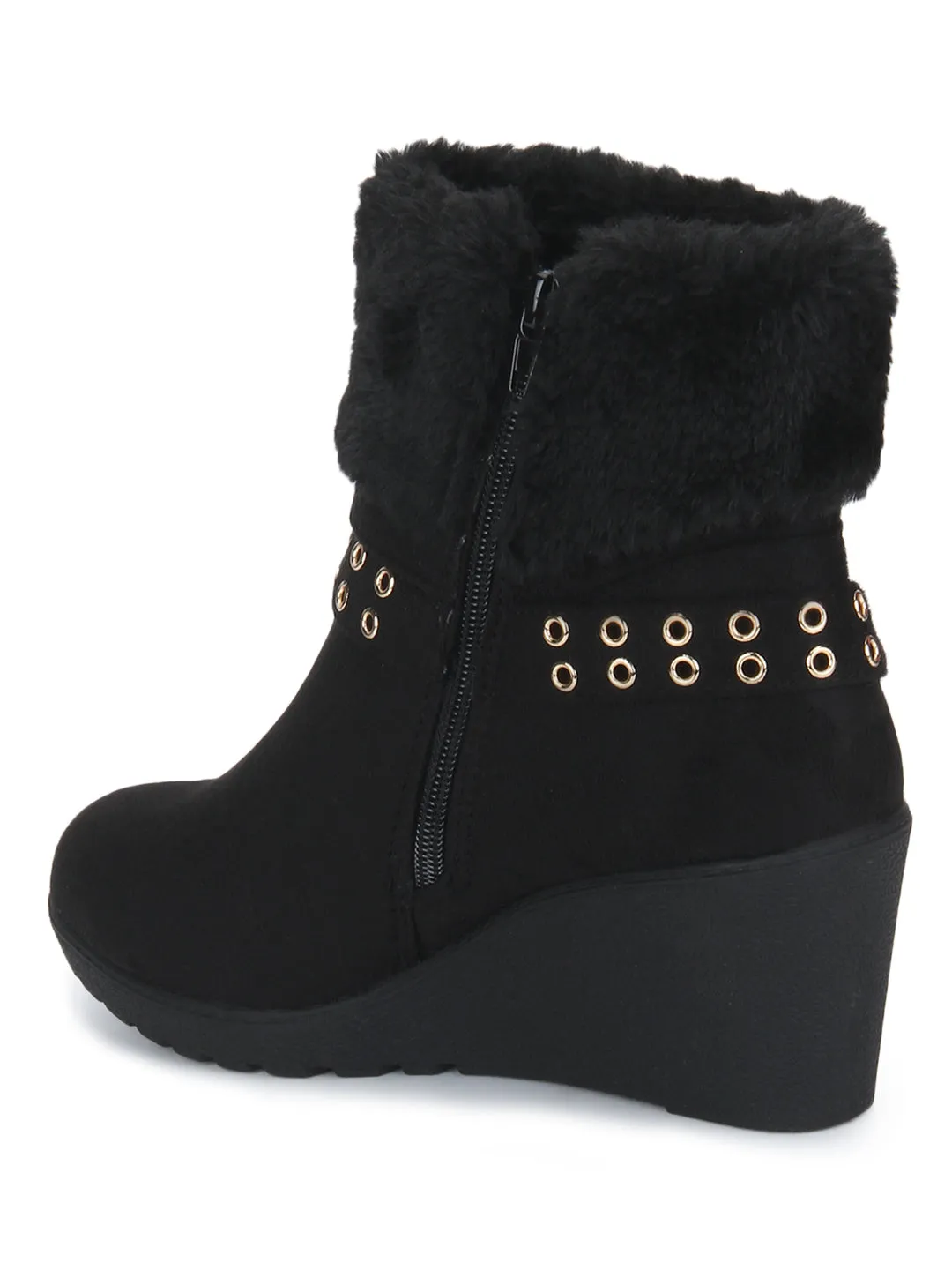 Black Micro Rivet Fur Down Collar Ankle Boots