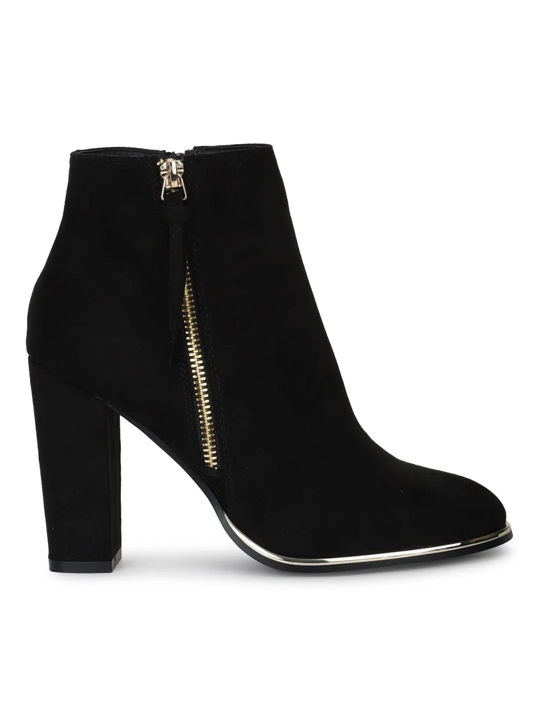 Black Micro Side Zipper Block Heel Ankle Boots