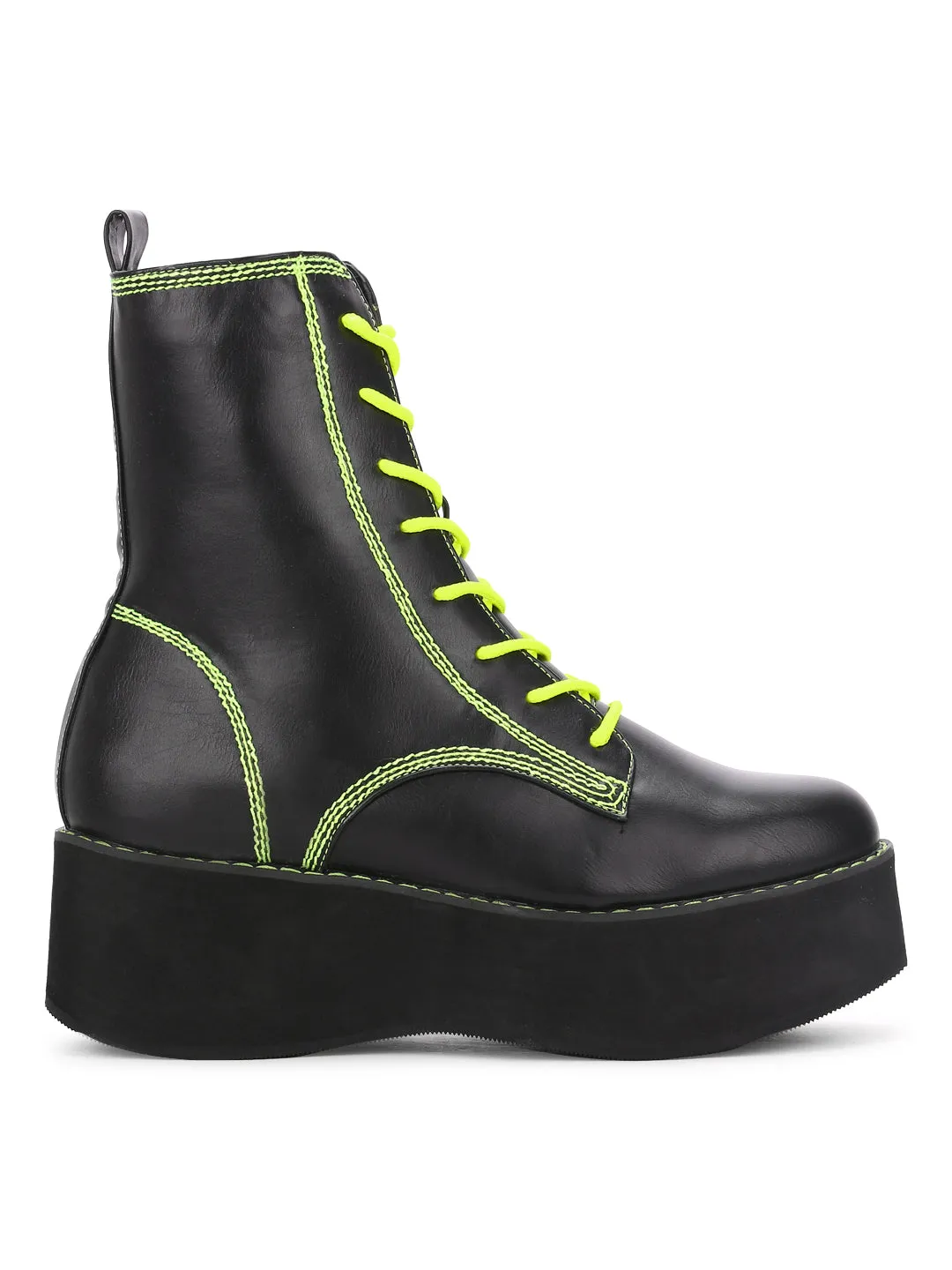 Black PU Green Stitching Flatform Lace-up Ankle Boots