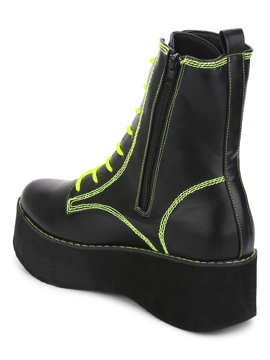 Black PU Green Stitching Flatform Lace-up Ankle Boots