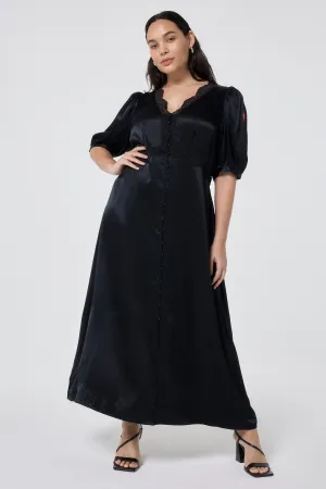 Black with Lace Trim Satin Puff Sleeve Midi Tea Dress