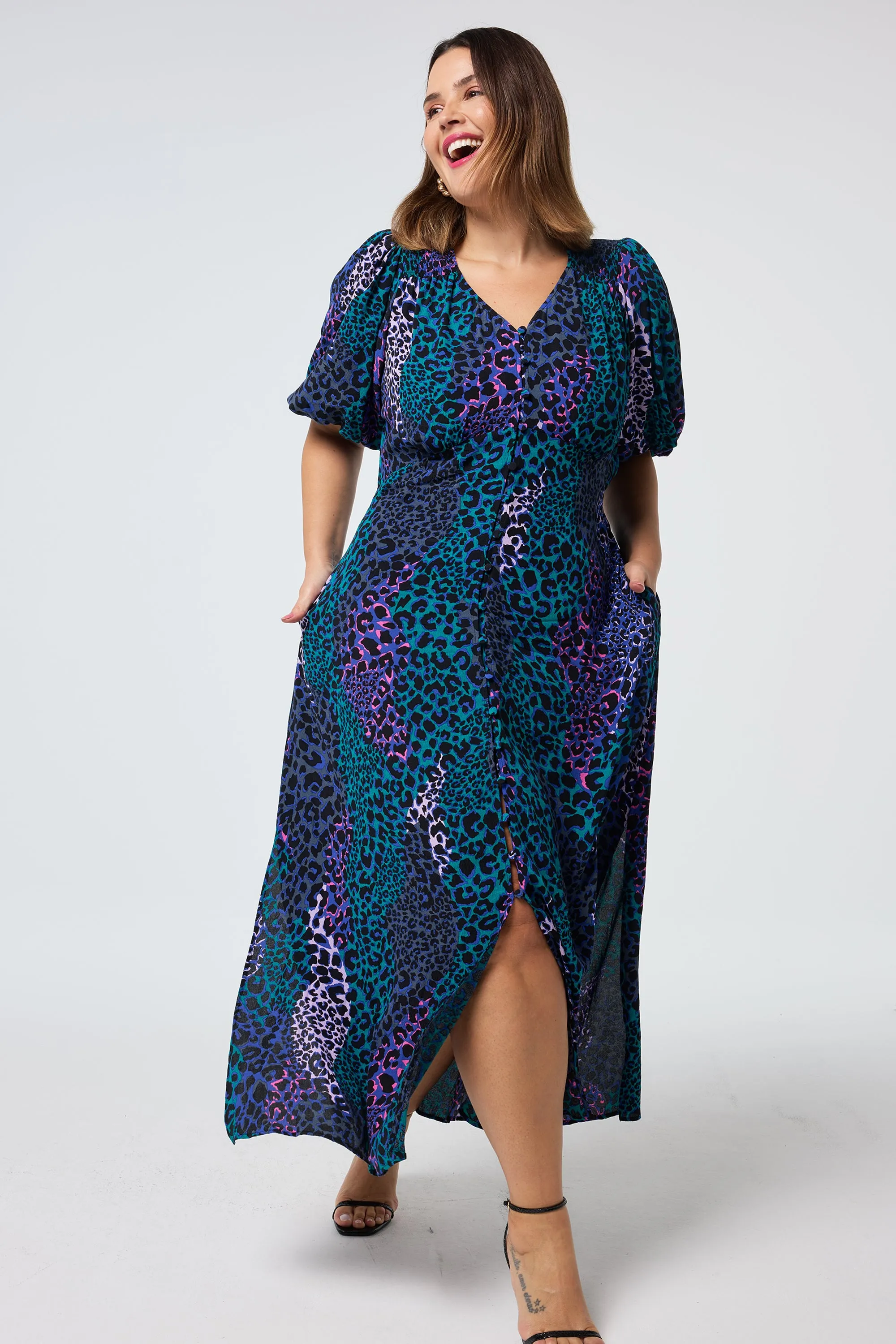 Blue with Green Spliced Leopard Puff Sleeve Midi Tea Dress