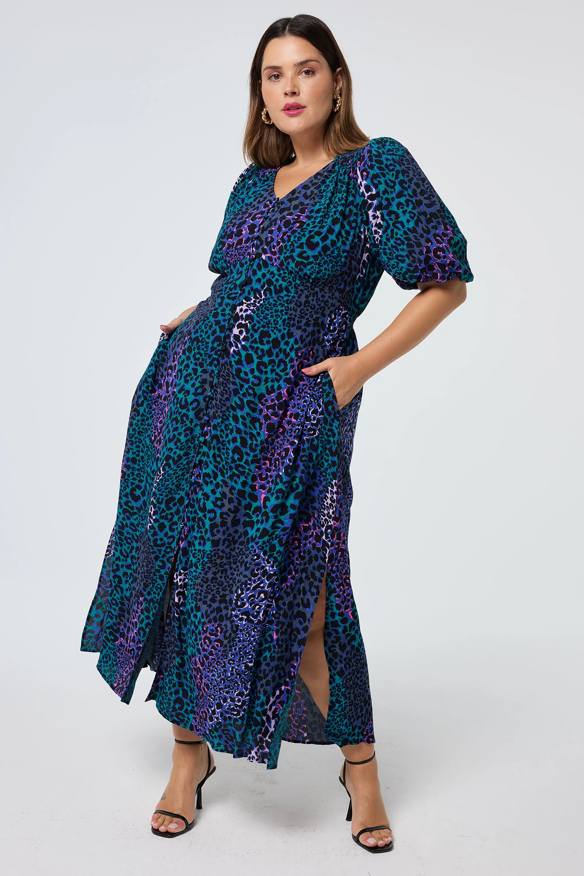 Blue with Green Spliced Leopard Puff Sleeve Midi Tea Dress