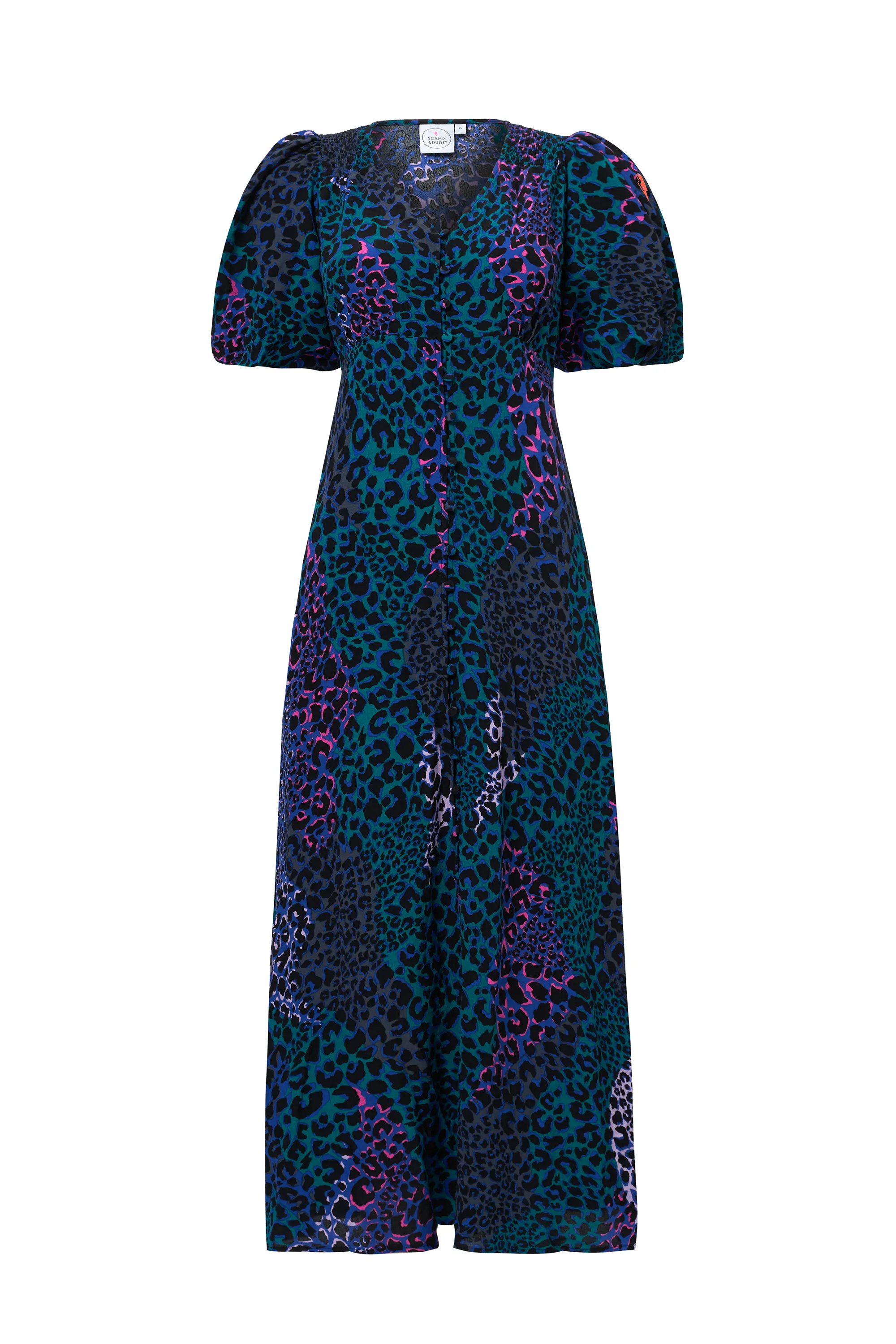 Blue with Green Spliced Leopard Puff Sleeve Midi Tea Dress