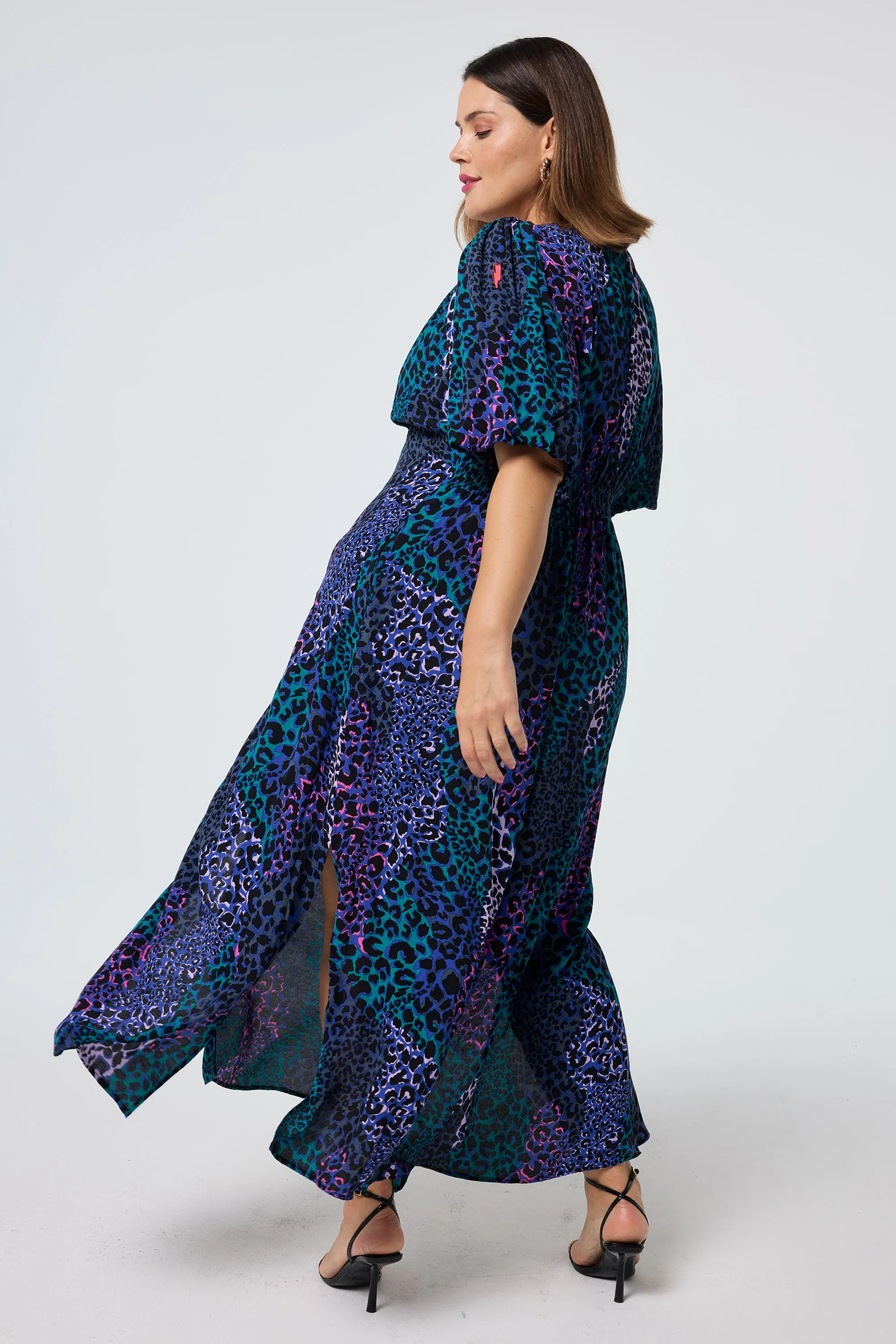 Blue with Green Spliced Leopard Puff Sleeve Midi Tea Dress