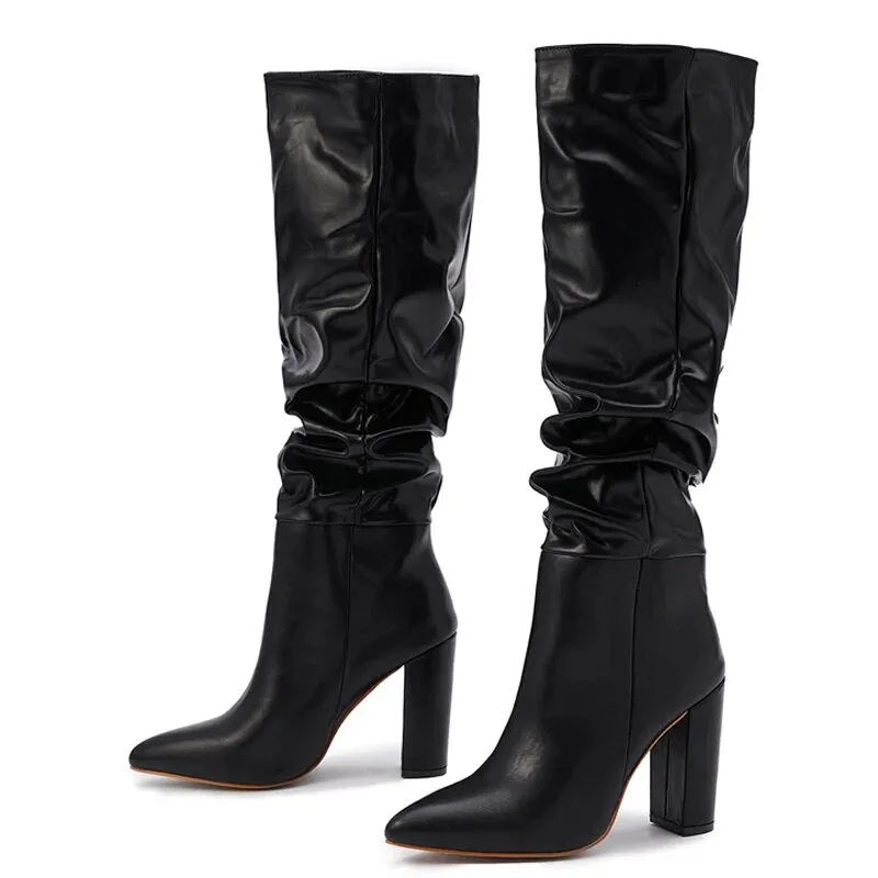 Boots White Black Women Knee High Boots Sexy Pointed Toe Square Heels