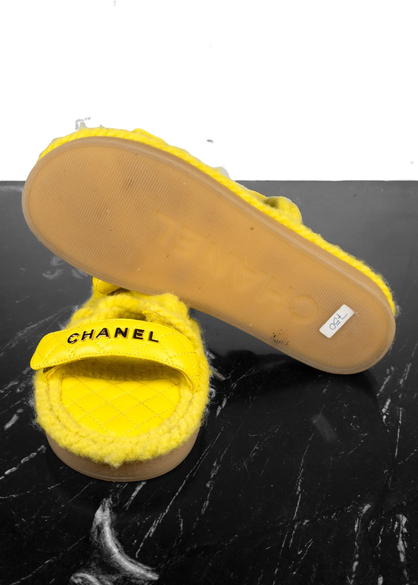 Chanel Cord Lambskin Quilted Logo Yellow Sandals