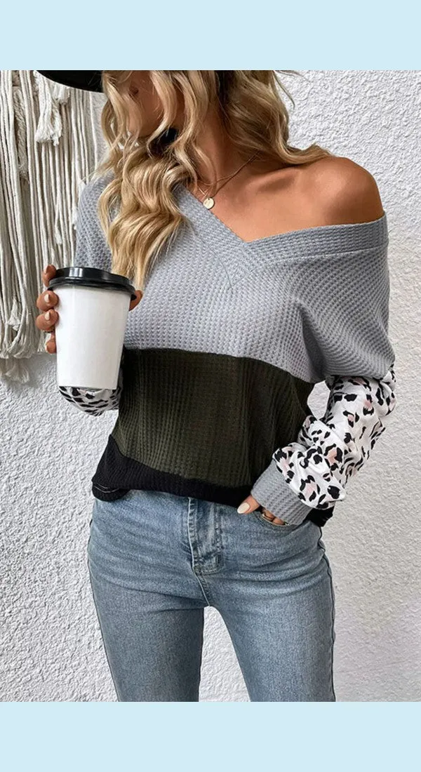 Color Block Leopard Waffle Knit Top Sweater