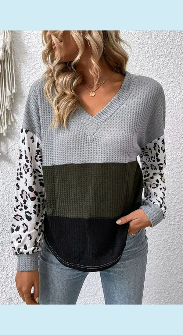 Color Block Leopard Waffle Knit Top Sweater