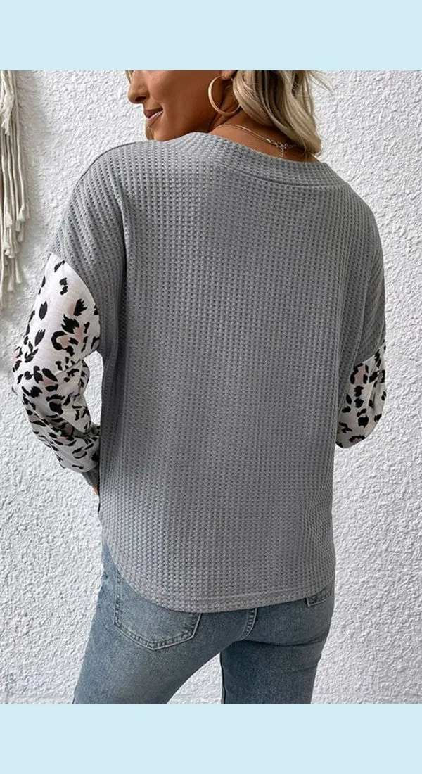 Color Block Leopard Waffle Knit Top Sweater