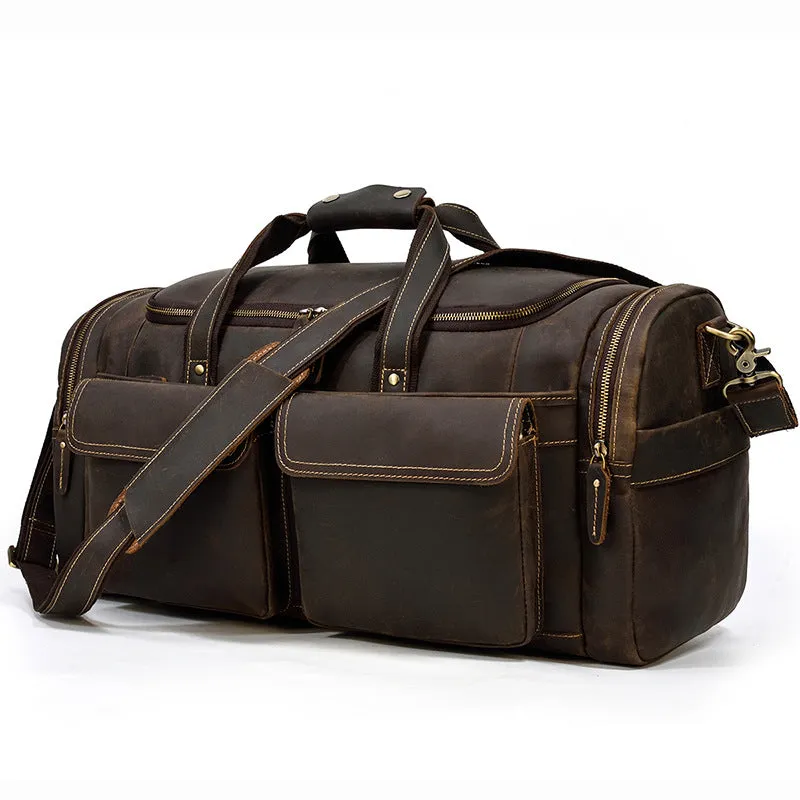 Crazy Horse Leather Duffle Bag Retro Large Capacity Tote Travel Bag Mens Weekender Overnight Bag