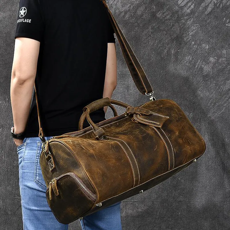 Crazy Horse Leather Men Duffle Bag Large Travel Bag With Shoes Compartment Weekend Bag