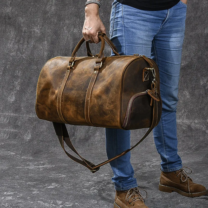 Crazy Horse Leather Men Duffle Bag Large Travel Bag With Shoes Compartment Weekend Bag