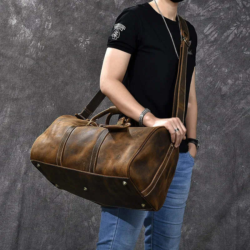 Crazy Horse Leather Men Duffle Bag Large Travel Bag With Shoes Compartment Weekend Bag