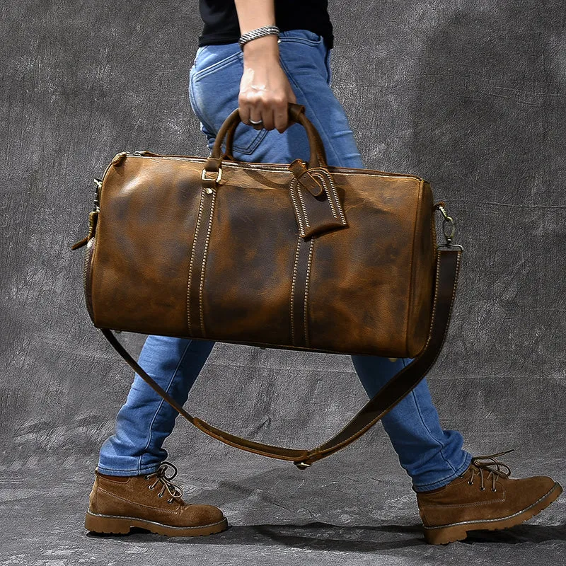 Crazy Horse Leather Men Duffle Bag Large Travel Bag With Shoes Compartment Weekend Bag