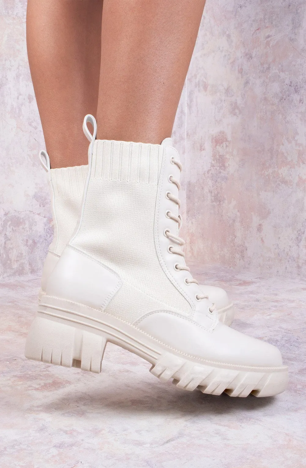 Cream Knitted Chunky Sole Biker Boots