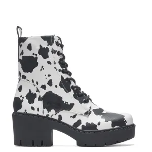 Daisy Cow Print Switch Lace Up Boots