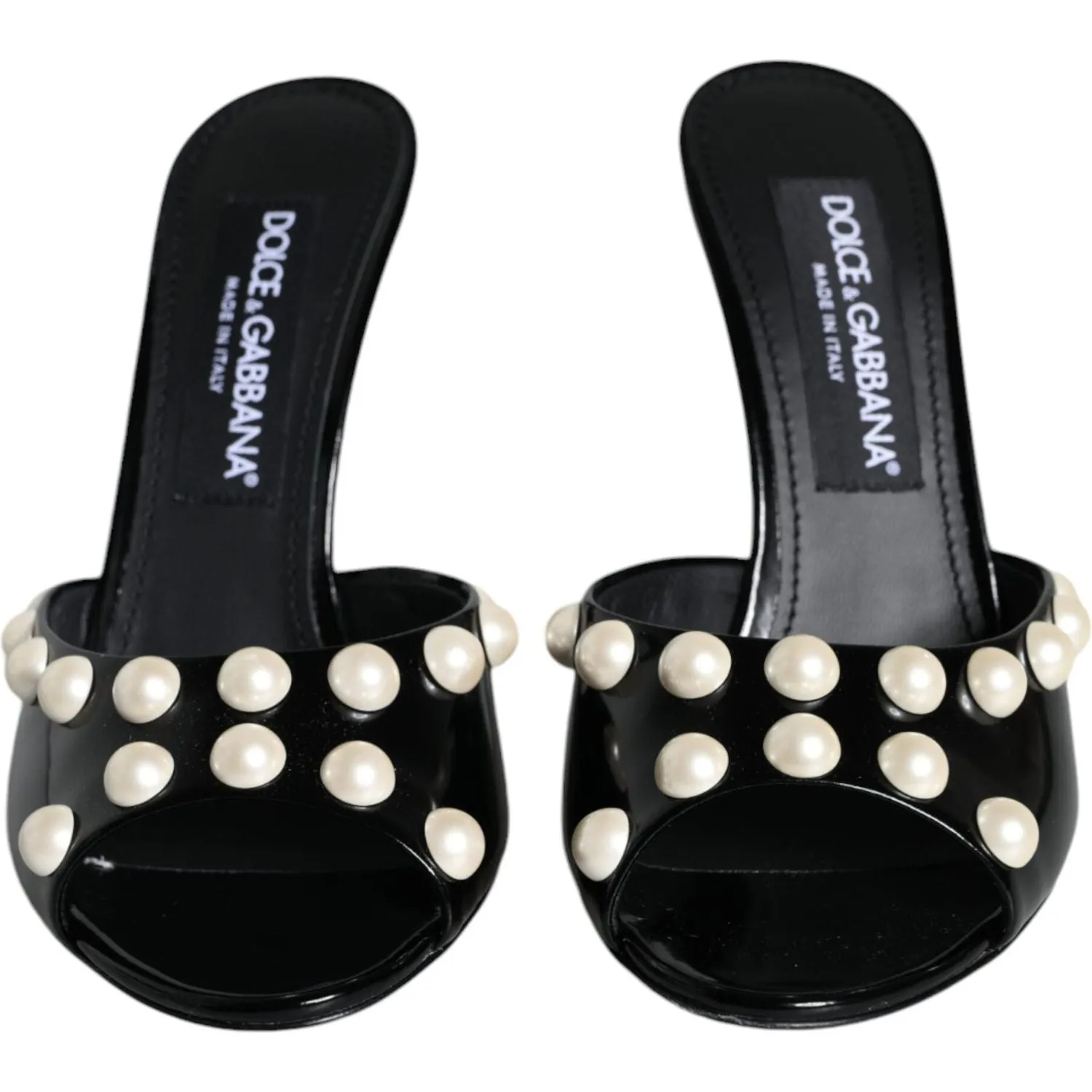 Dolce & Gabbana Black Leather Pearls Slides Sandals Shoes