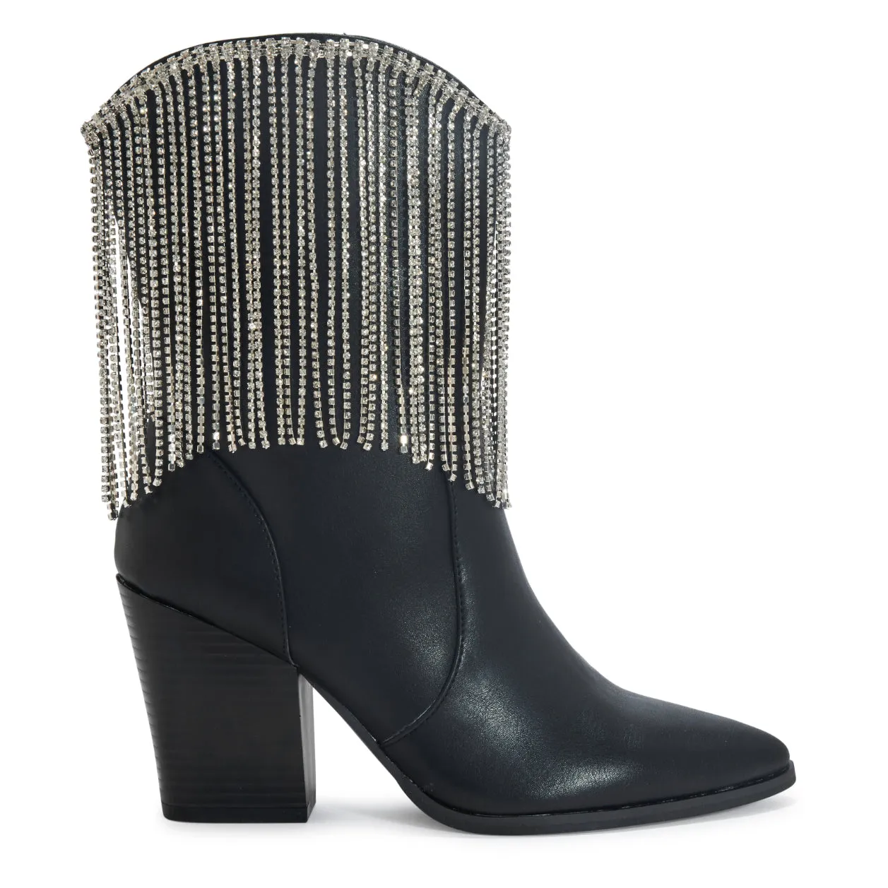 DOLLY BLACK FAUX LEATHER DIAMANTE TASSEL ANKLE COWBOY BOOTS