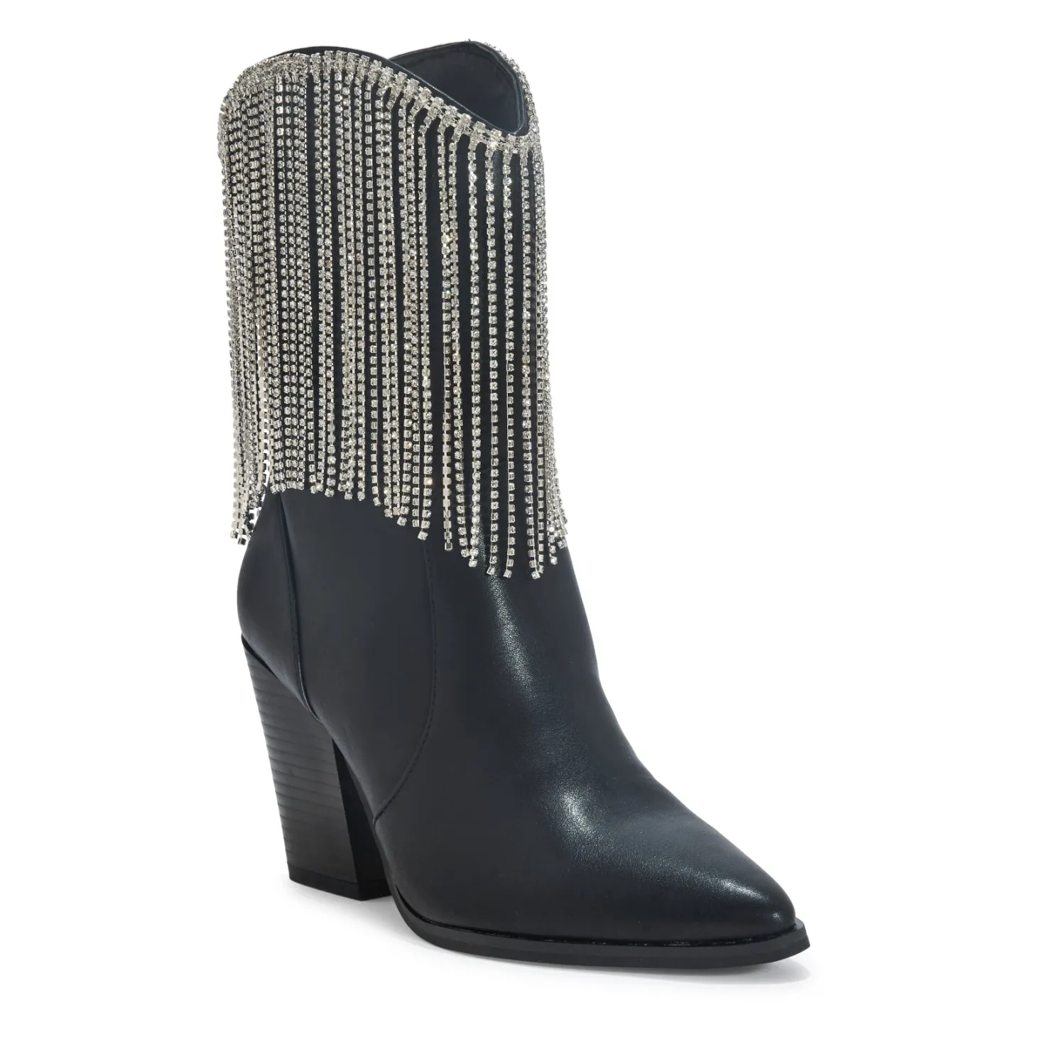 DOLLY BLACK FAUX LEATHER DIAMANTE TASSEL ANKLE COWBOY BOOTS