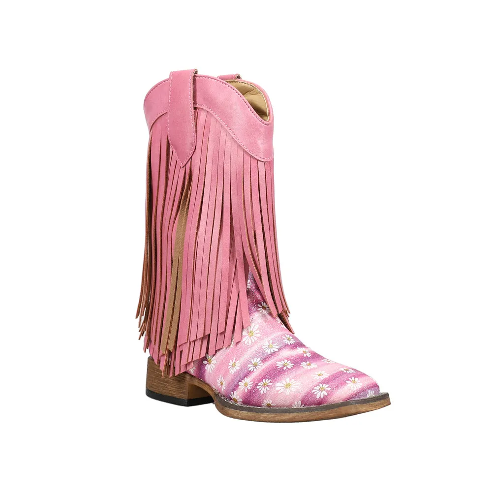 Double Fringe Glitter Metallic Square Toe Cowboy Boots (Little Kid)