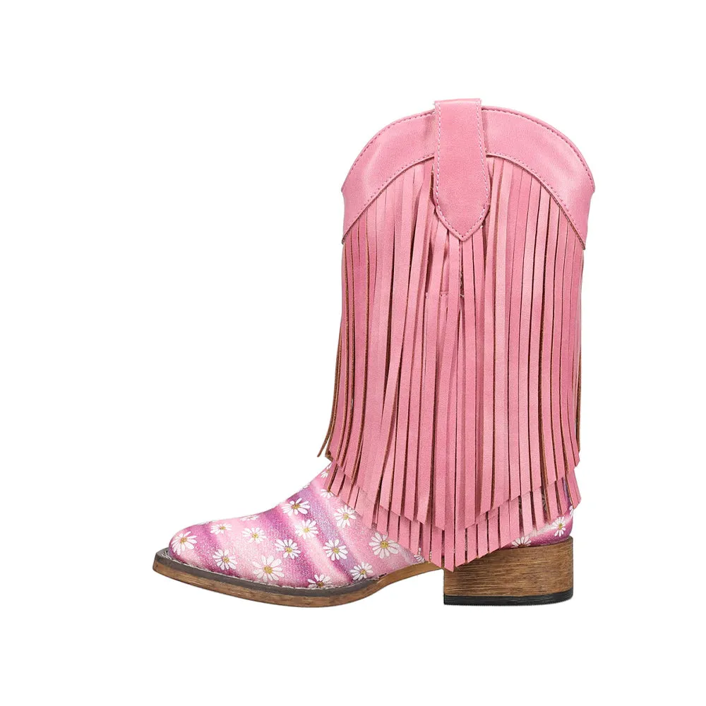 Double Fringe Glitter Metallic Square Toe Cowboy Boots (Little Kid)