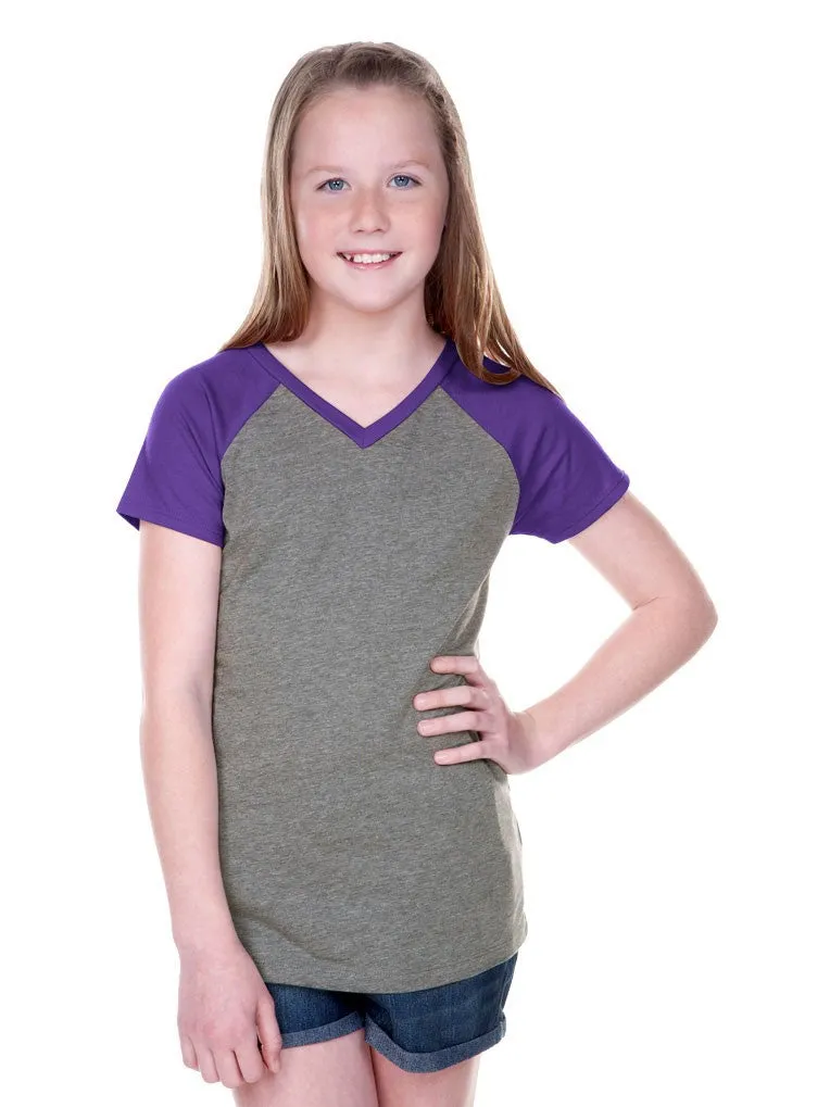 Girls 3-6X & 8-16 Sheer Jersey Contrast V Neck Raglan Short Sleeve Tee-BBF