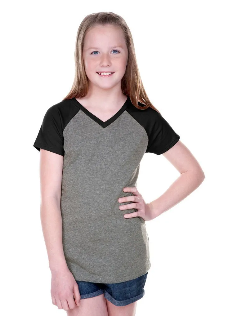 Girls 3-6X & 8-16 Sheer Jersey Contrast V Neck Raglan Short Sleeve Tee-BBF