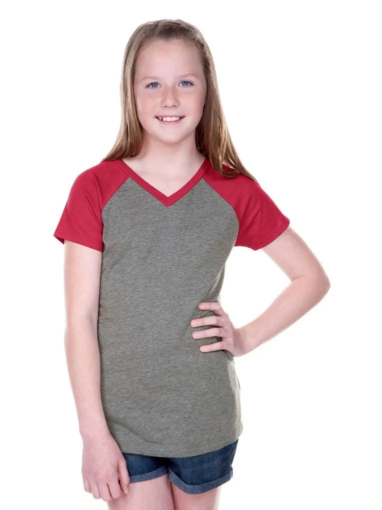 Girls 3-6X & 8-16 Sheer Jersey Contrast V Neck Raglan Short Sleeve Tee-BBF