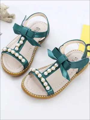 Girls Bow Strap Pearl Embellished Sandals By Liv and Mia