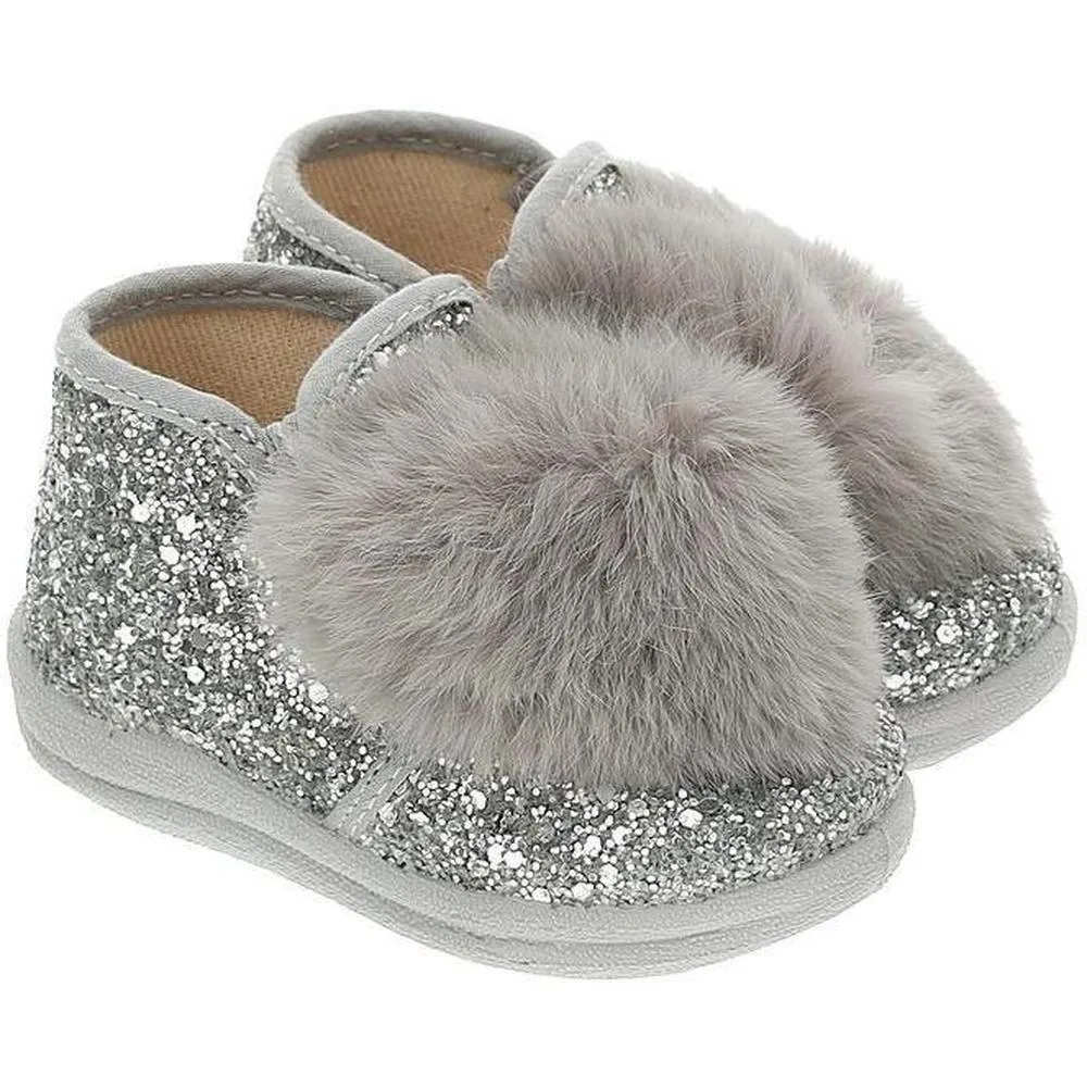 Girls Silver Glitter Pom Pom Shoe