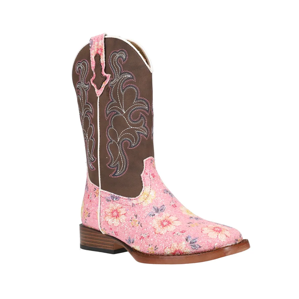 Glitter Floral Embroidered Square Toe Cowboy Boots (Little Kid)