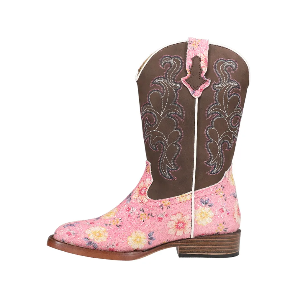 Glitter Floral Embroidered Square Toe Cowboy Boots (Little Kid)