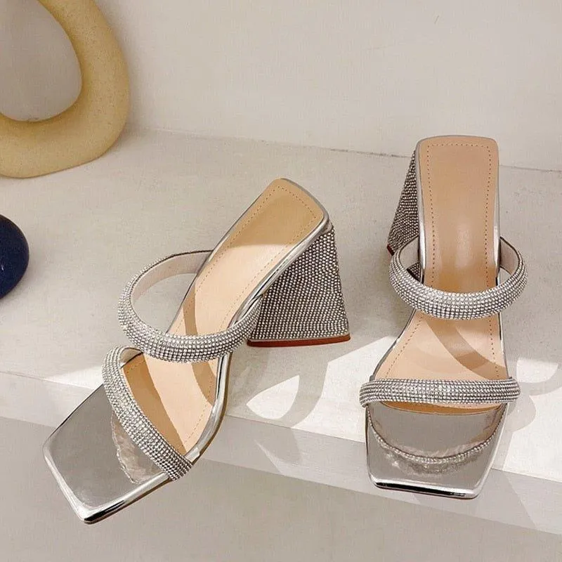 Glitter Rhinestones Triangle Heel Sandals