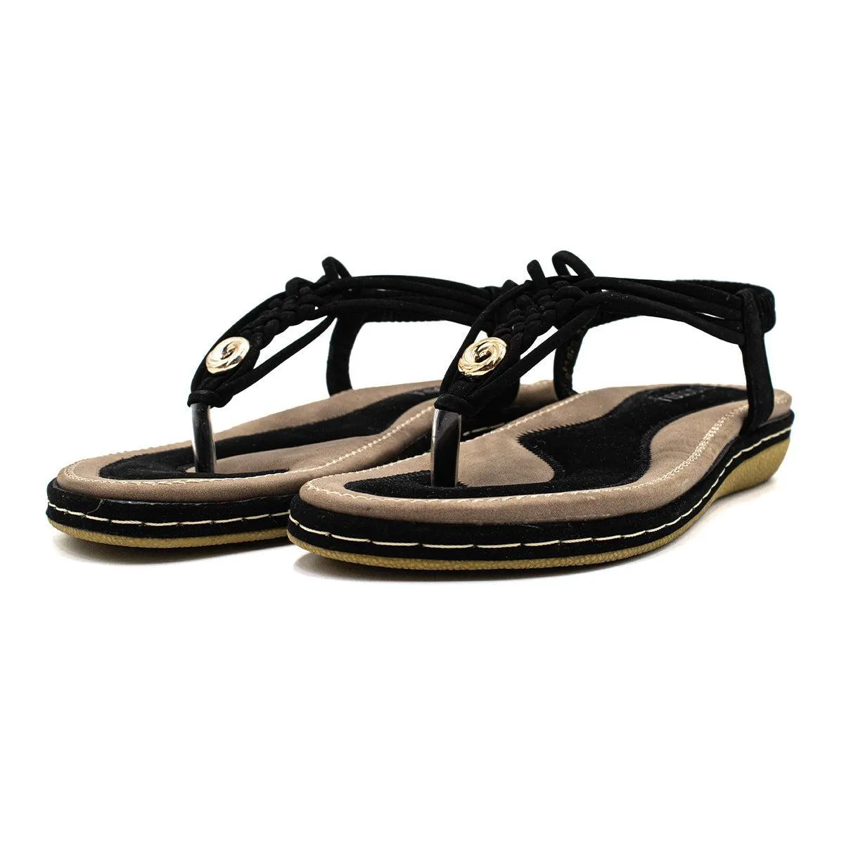 Gracosy Bohemian Braided Strap Flat Sandals Leather Black Colour For Women