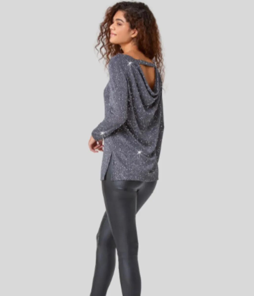 Grey Sparkle Cowl Back Tunic Top