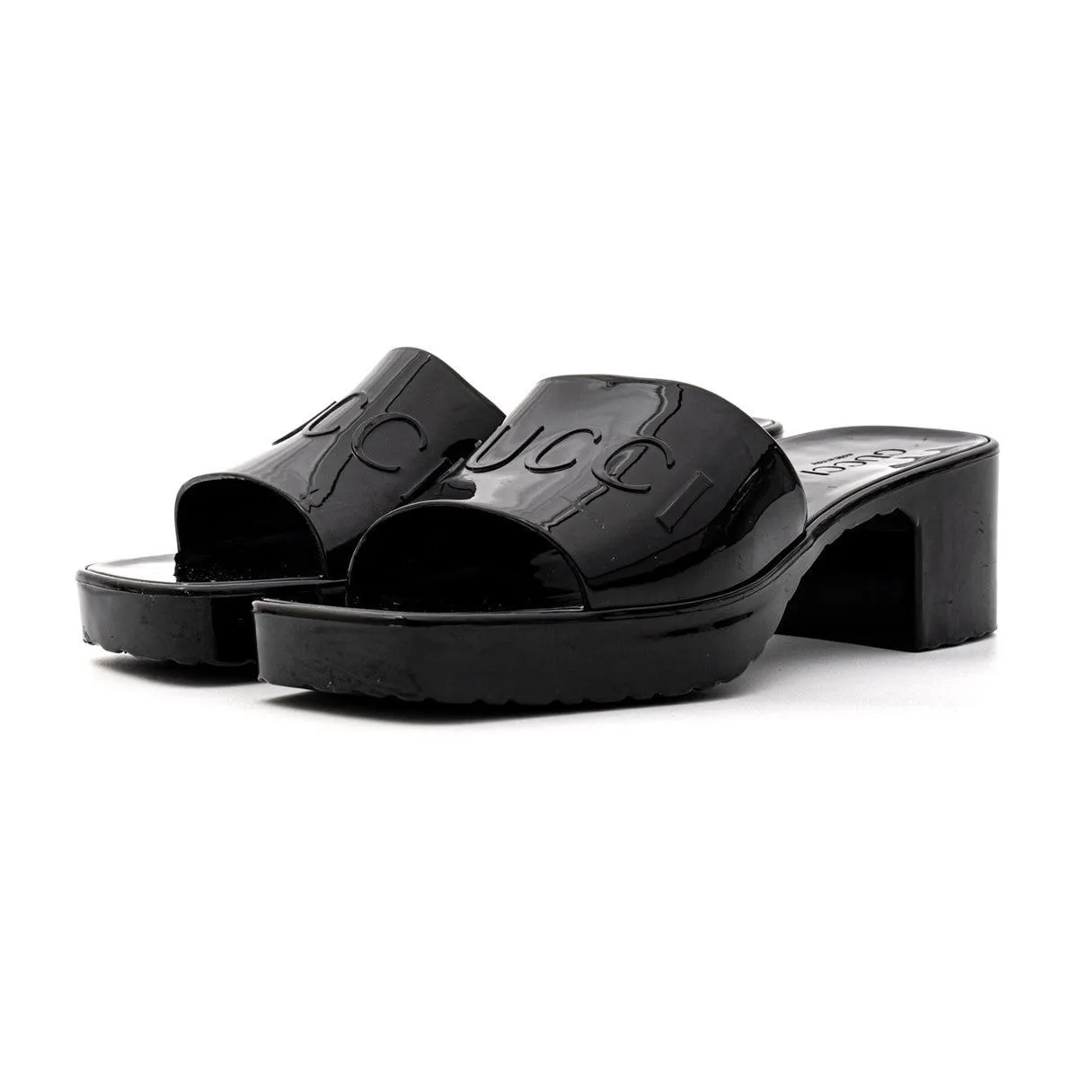 Gucci Logo Embossed Platform Slide Sandals Sliders Rubber Black Colour For Women