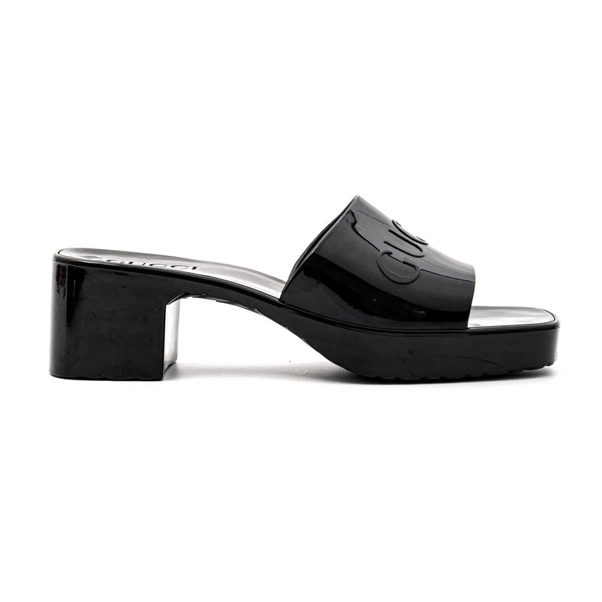 Gucci Logo Embossed Platform Slide Sandals Sliders Rubber Black Colour For Women