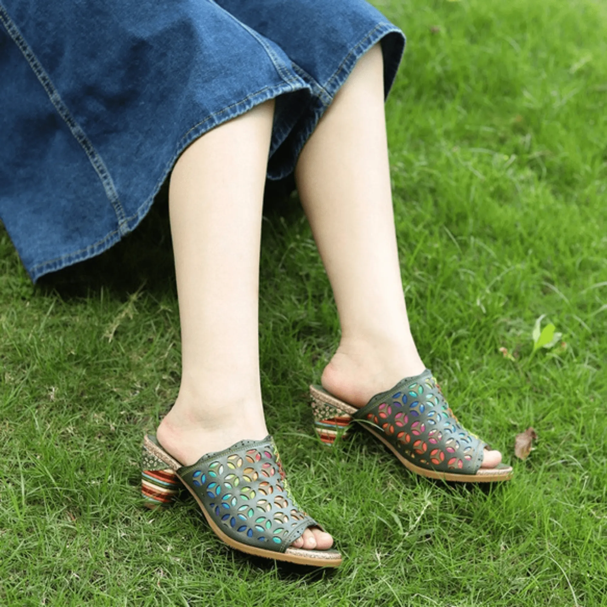 Hollowed-Out Retro Colorful Leather Sandals