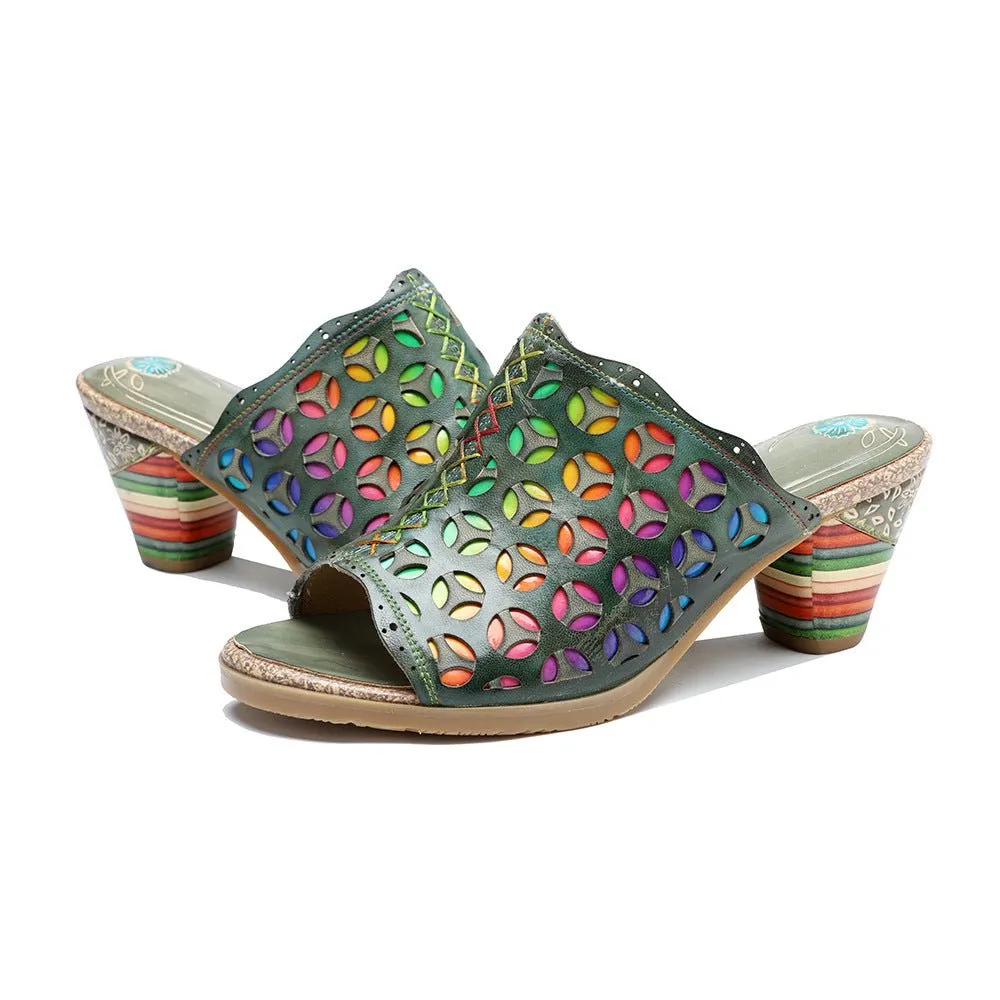 Hollowed-Out Retro Colorful Leather Sandals