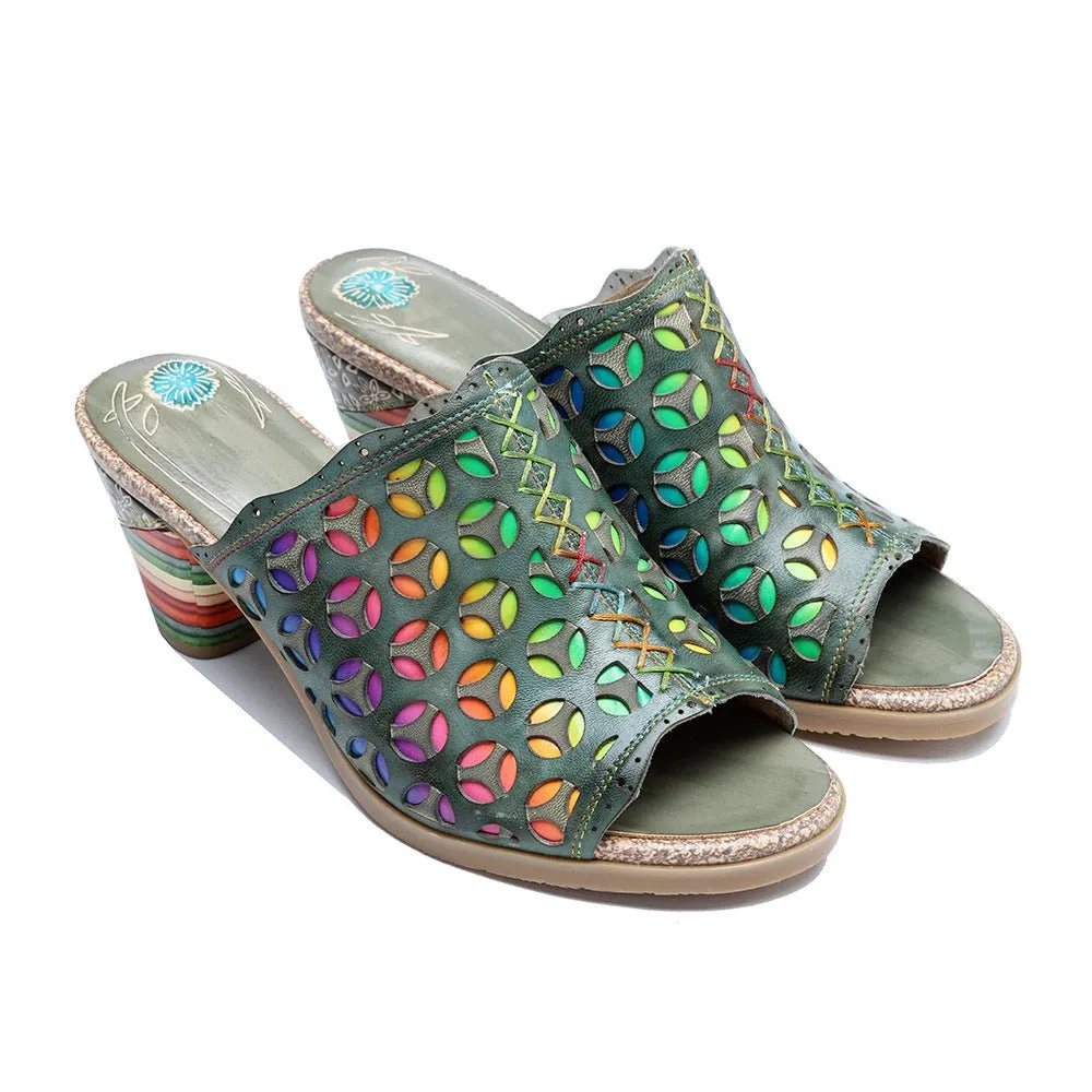 Hollowed-Out Retro Colorful Leather Sandals