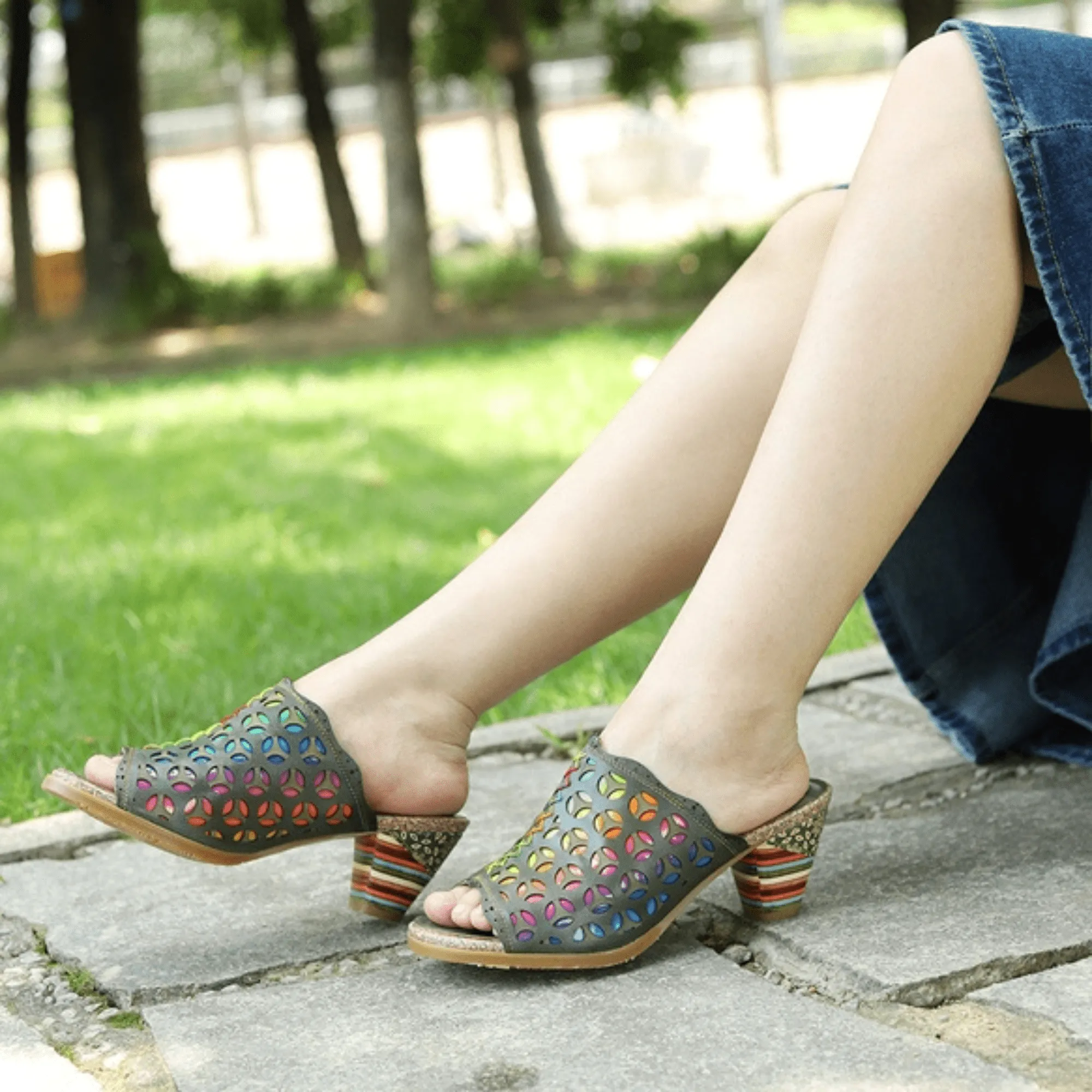 Hollowed-Out Retro Colorful Leather Sandals