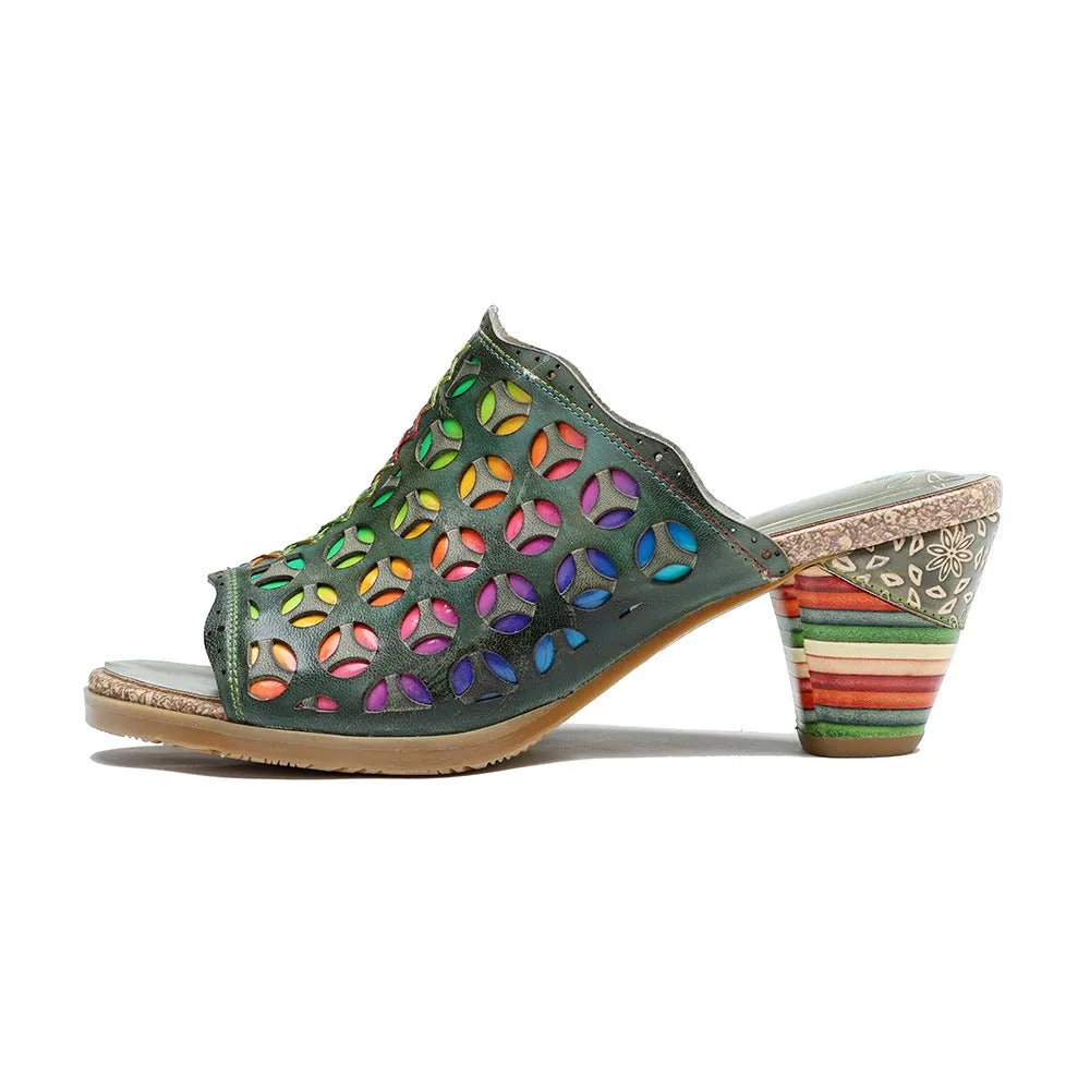 Hollowed-Out Retro Colorful Leather Sandals